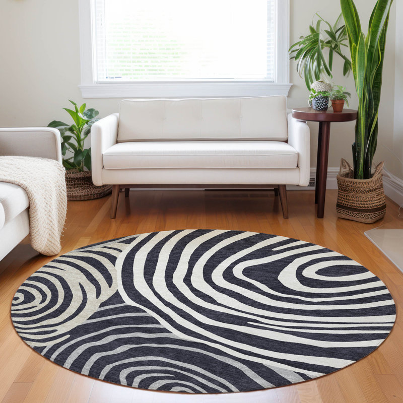 Premium Machine Washable Prisco Black Rug, Round 8'