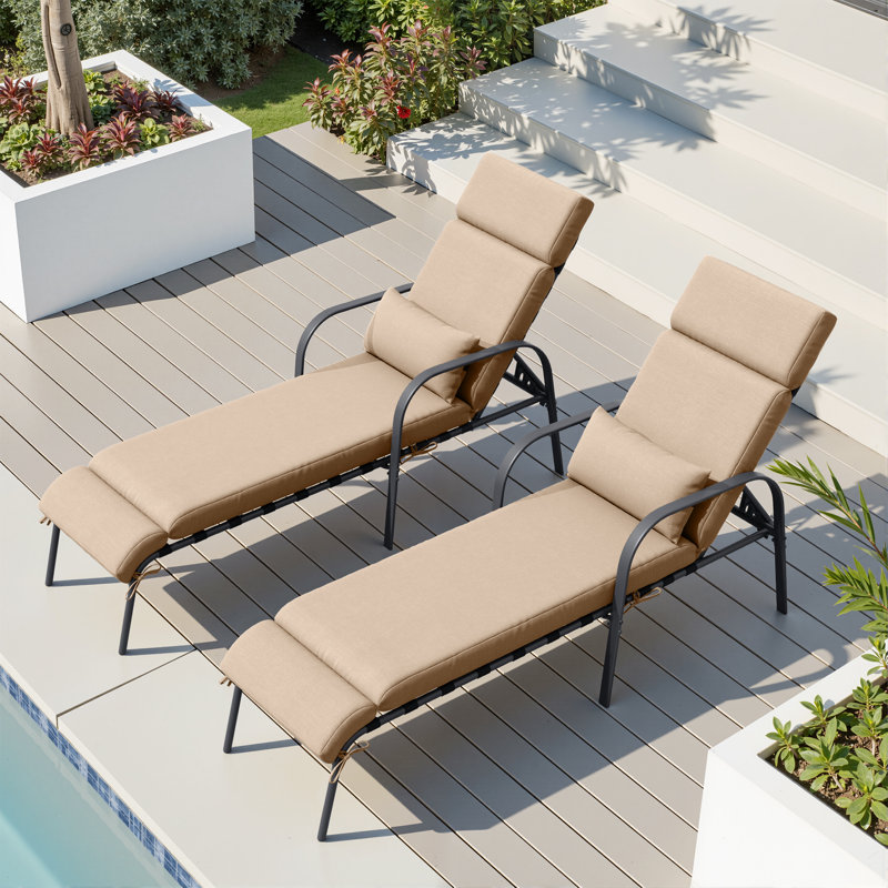 Antrea Outdoor Reclining Metal Chaise Lounge Chair Set with Backrest Pillows , Cushion Included, Tan