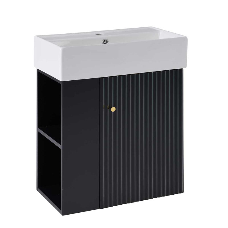 Meuble-lavabo flottant de 21,6 po avec lavabo en céramique pour petites salles de bain, rangement latéral, Noir