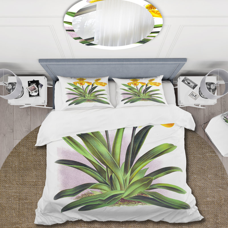 Orchidée jaune rétro - ensemble de housse de couette traditionnel - microfibre de polyester