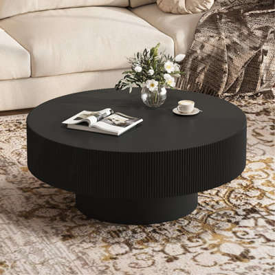 Elegant Easy Assembly Round Coffee Table With 6.8" Thick Tabletop, Modern Drum End Table, Minimalist Fluted Centre Table With Sturdy Base For Living Room, Black, 31.5"W*13.7"H