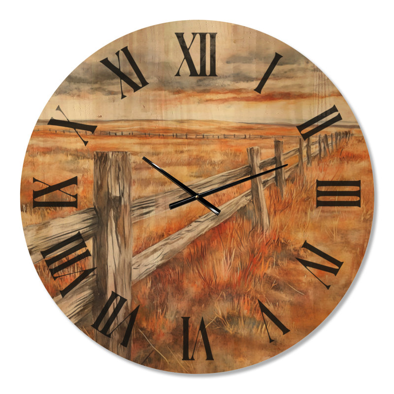 Horloge murale rustique en bois campagne - Clôture en bois le long des champs d'automne, Oversized