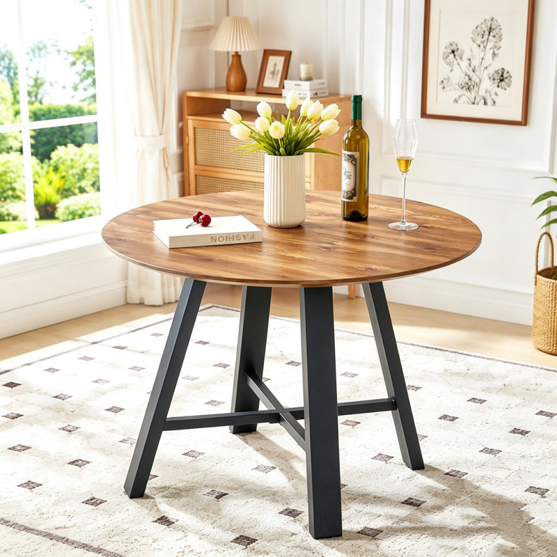 Table de salle à manger ronde de 42 po avec plateau en bois aggloméré texturé et pieds noirs