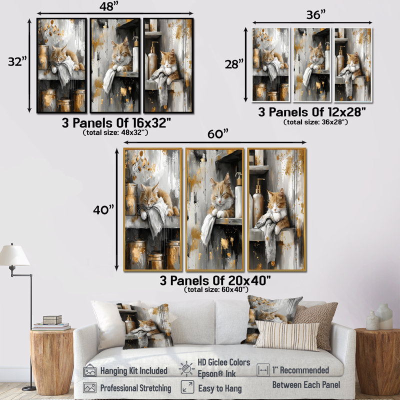 Jour de lessive féline de couleur gris clair - Collection d'art mural chat, H 28 po x l 36 po, Toile tendue