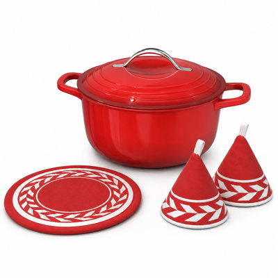 7QT Round Enameled Cast Iron Dutch Oven in Red with Heat‑Resistant Gloves and Trivet