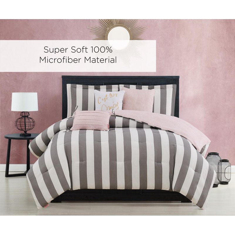 Grey and White Striped Microfiber Full Comforter Set
