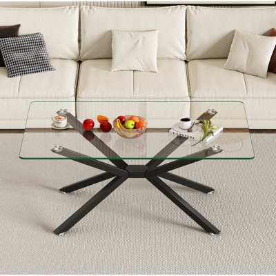 Table basse de 39,37 po rectangulaire en verre trempé transparent, design élégant avec pieds en métal, table basse de salon