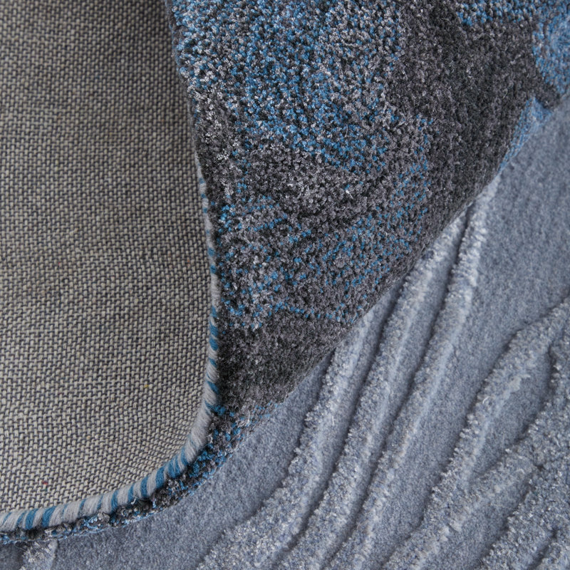 Kawai Hand Tufted Wool/Viscose Abstract Area Rug in Blue/Gray/Black, Rectangle 10' x 14'
