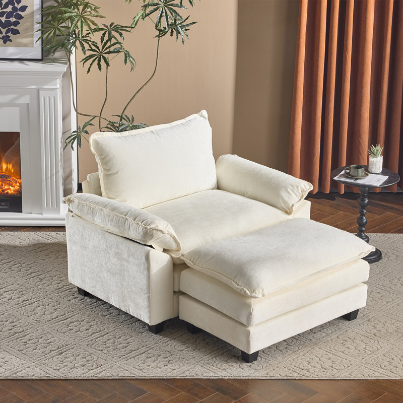 51.9'' W Double Layer Cushion Accent Chair With Ottoman, Beige Boucle