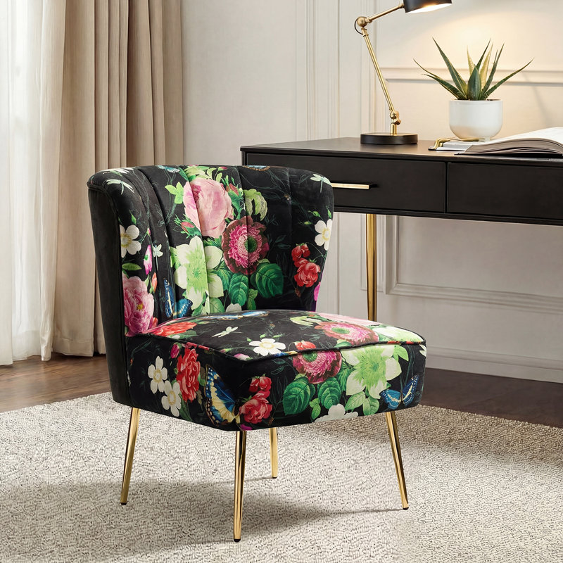 Fauteuil demi-tonneau en velours avec dossier capitonné Alice Felicia, Velours noir floral