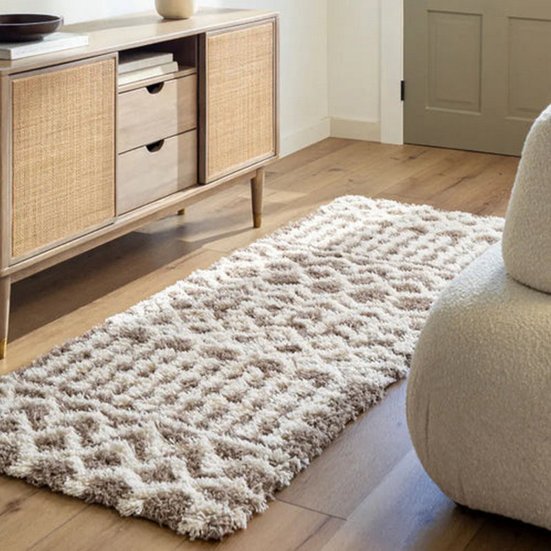 Medium Brown Modern Shaggy Rug, Geometric Stain Resistant Easy to Clean Rug For Living Room, Dining Room, Bedroom