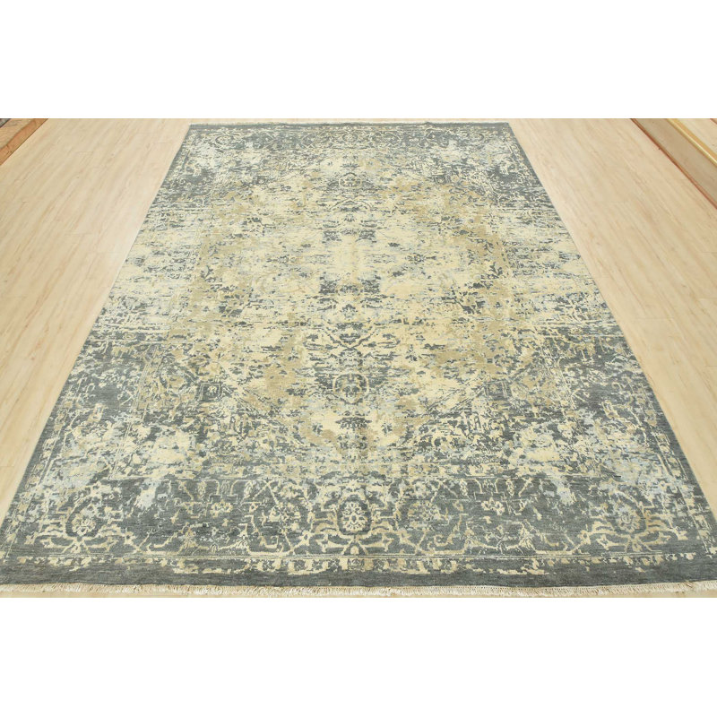 Tapis gris clair en laine noué à la main de conception unique 7 pi 11 po x 10 pi 3 po