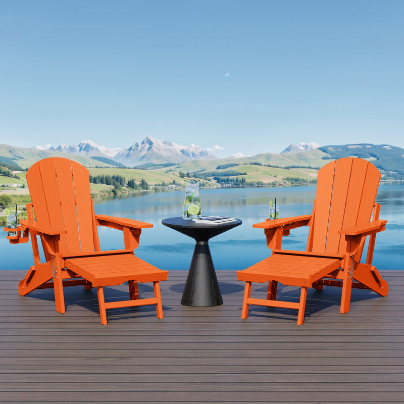 Laguna Outdoor Folding Adjustable Adirondack Chair With Cup Holder & Hideaway Ottoman (Set Of 2), Orange