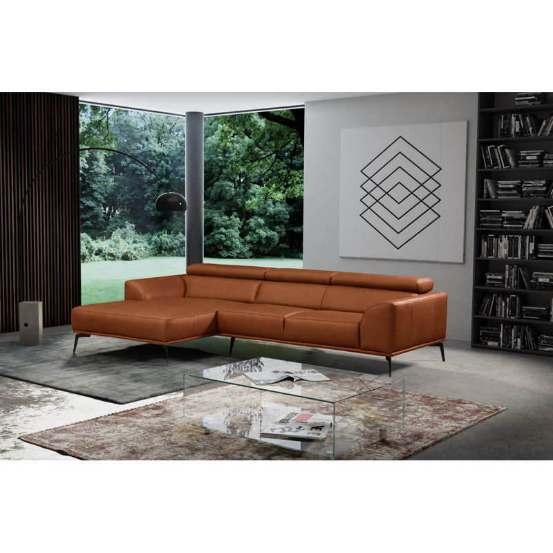 Blagovesta Genuine Semi-Aniline Leather Corner Sofa with Upholstered Frame, Cognac, Left Hand Facing