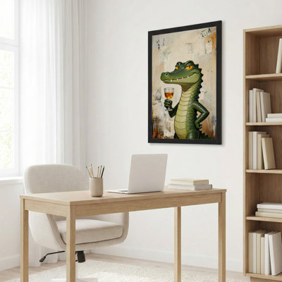 Toile noire encadrée en bois noir pour salon, chambre à coucher, bureau ou vestibule - décoration murale décorative avec vin de crocodile