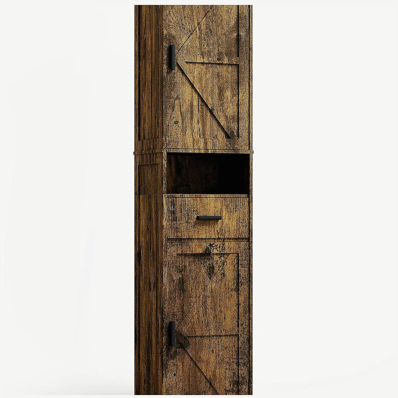 69" H Tall Storage Cabinet with 2 Barn Doors and 1 Drawer, Narrow Storage Unit with Adjustable Shelves, Floor Cabinet for Bathroom, Living Room, Kitchen