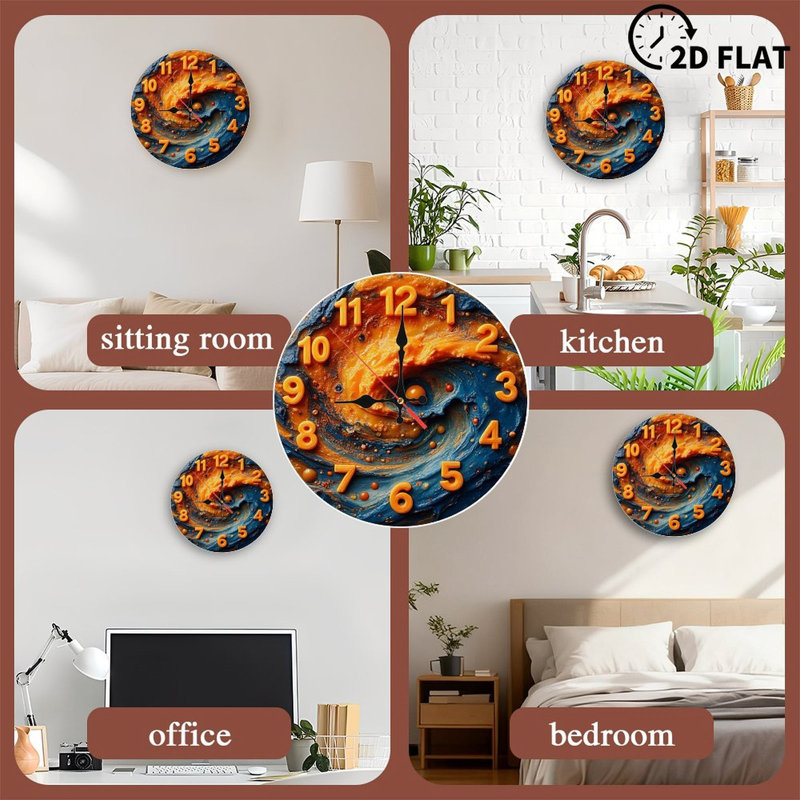 Orange Blue Abstract Swirl Clock Wall Art