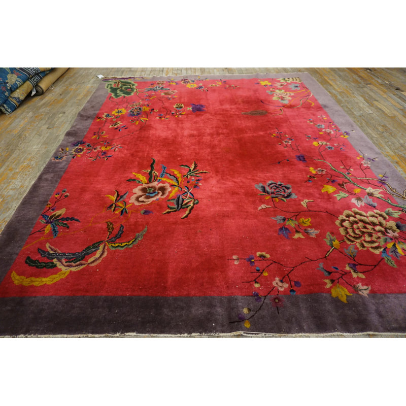 Wool Floral 1920s Antique Rectangle Hand Knotted Pile Purple / Lavender Mauve Rug