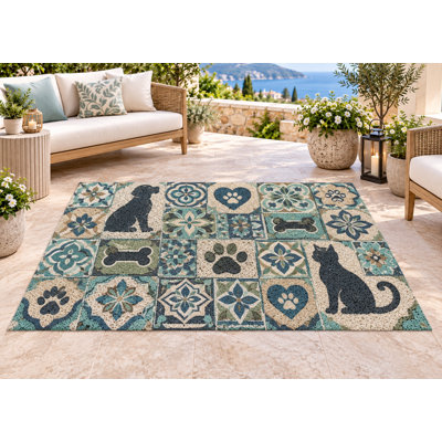 5' x 7' Outdoor Area Rug Pet Paw Patchwork Tiles Heavyweight Solid Waterproof PVC Coil Loop Carpet, Patio Rug, Quick Dry Outdoor Mat for Large Doormat Porch Deck Entryway Pet Supply & Grooming Salons 