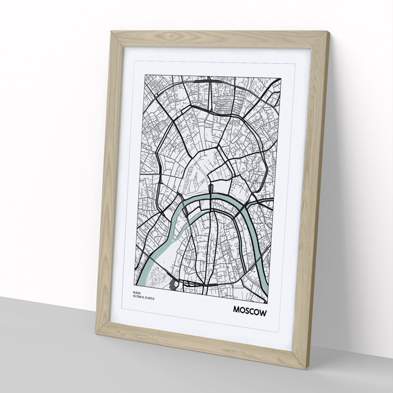 Map Moscow Russia - Picture Frame Graphic Art, Oak, 36cm H x 27cm W x 2cm D