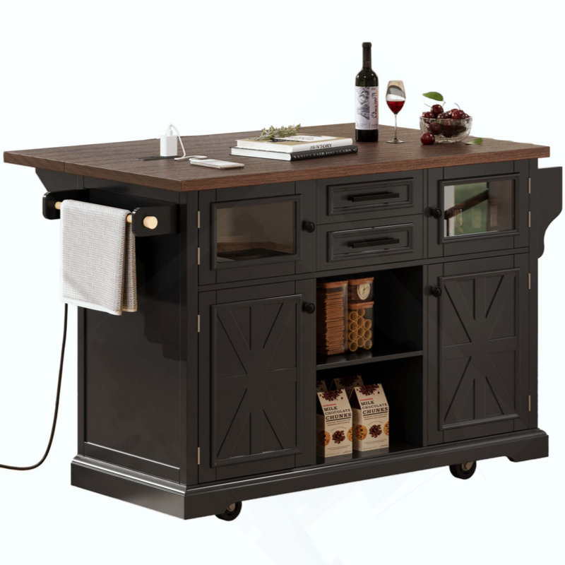 Kitchen Island With Drop Leaf, Power Outlet, Kitchen Storage Cart With 4 Door Shelves, Cross Barn Doors & Visual Glass Door, Rolling Kitchen Island On 4 Wheels For Kitchen, Dining Room