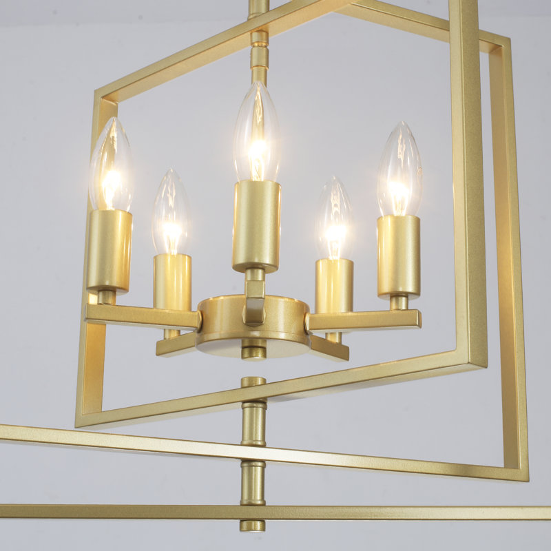 Padula 5 - Light 21.65" Dimmable Lantern Industrial Linear Square / Rectangle Geometric Candle Style Chandelier, Gold