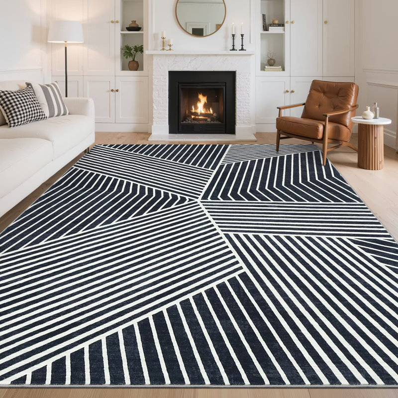 Machine Washable Rug for Living Rooms, Contemporary Stripe Printed Carpet, Soft Non Shedding Floor Covering for Bedroom Dining Room Office