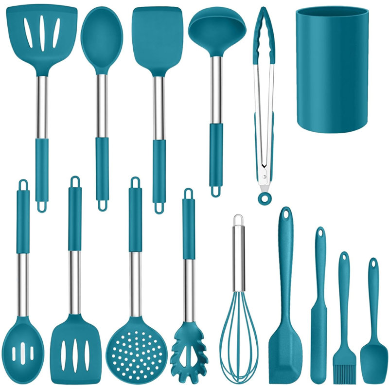 Ensemble de 15 ustensiles de cuisine en silicone, acier inoxydable, résistant à la chaleur, bleu