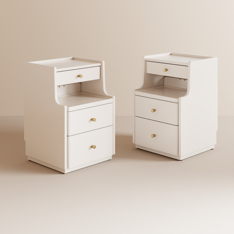 Deux tables de chevet en bois massif de 40 pouces avec un plateau de table biseauté et des trous pour câbles, Blanc