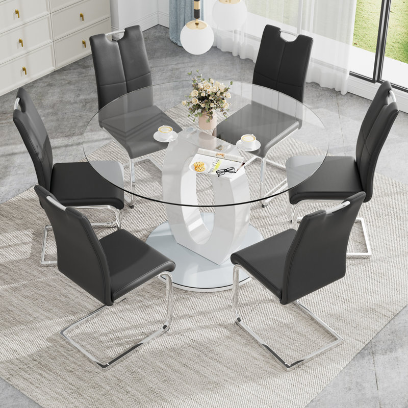 Ensemble de salle à manger à piédestal en verre 7 pièces, Black/Sliver