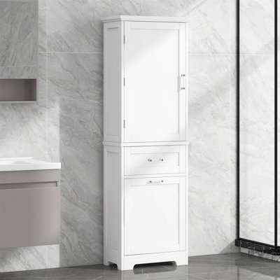 Grande armoire de rangement autoportante pour salle de bain avec tablette réglable et deux tiroirs, panneau de fibres à densité moyenne durable avec finition peinte