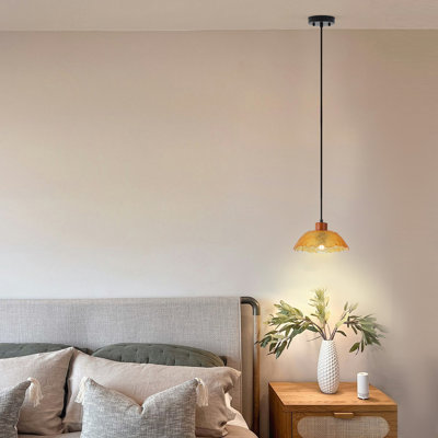 1-Light E26 Amber Glass Chandelier, Metal Frame, Dimmable, Adjustable Height, ETL Listed