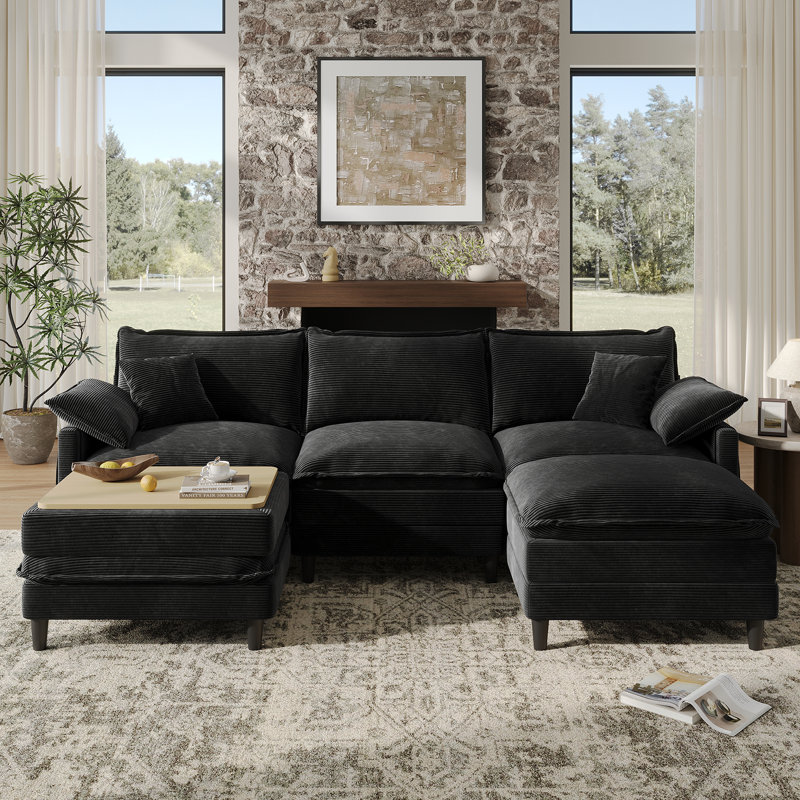 108'' Comfy  U Shaped Sectional Modular Deep 5-Piece Cloud Sofa with Ottomans- Premium Fabric, Black Corduroy