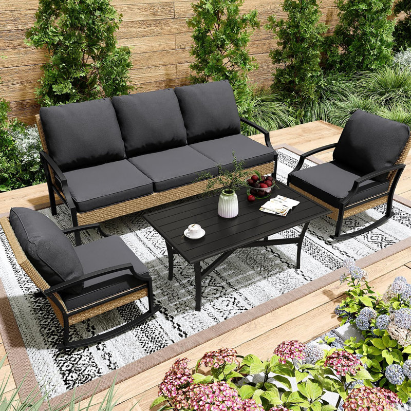 Outdoor Patio Furniture Set With Rocking Chair, 4 Piece Rattan Conversation Bistro Set, Dark Grey