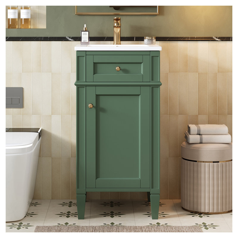 Meuble-lavabo autoportant de 16 pouces avec lavabo en céramique, design moderne français en vert