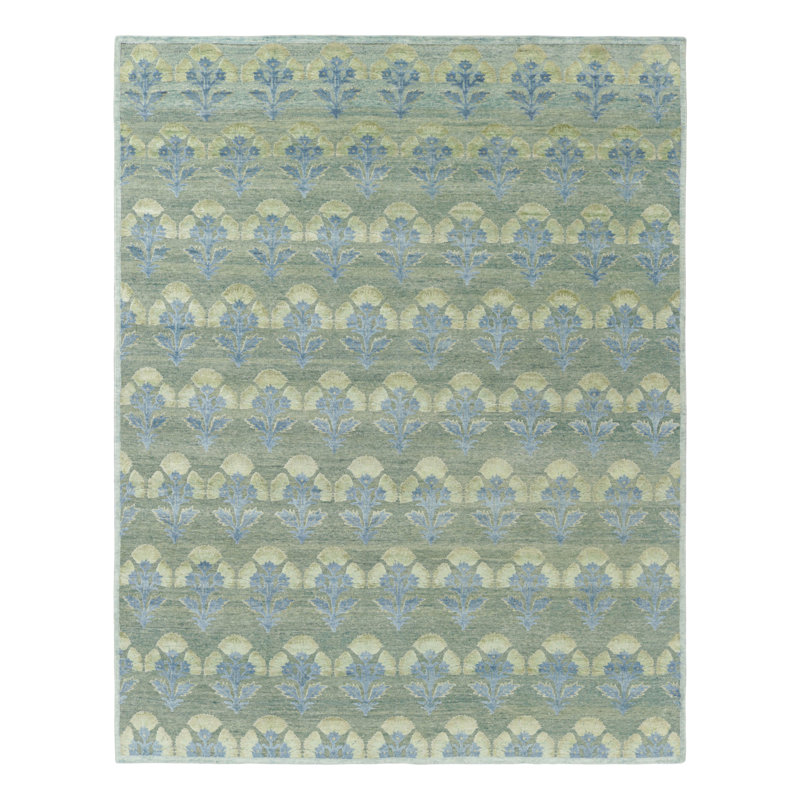 Rug & Kilim’S Custom Block Print Rug Design With Blue And Green Floral Pattern, Rectangle 8' x 10'