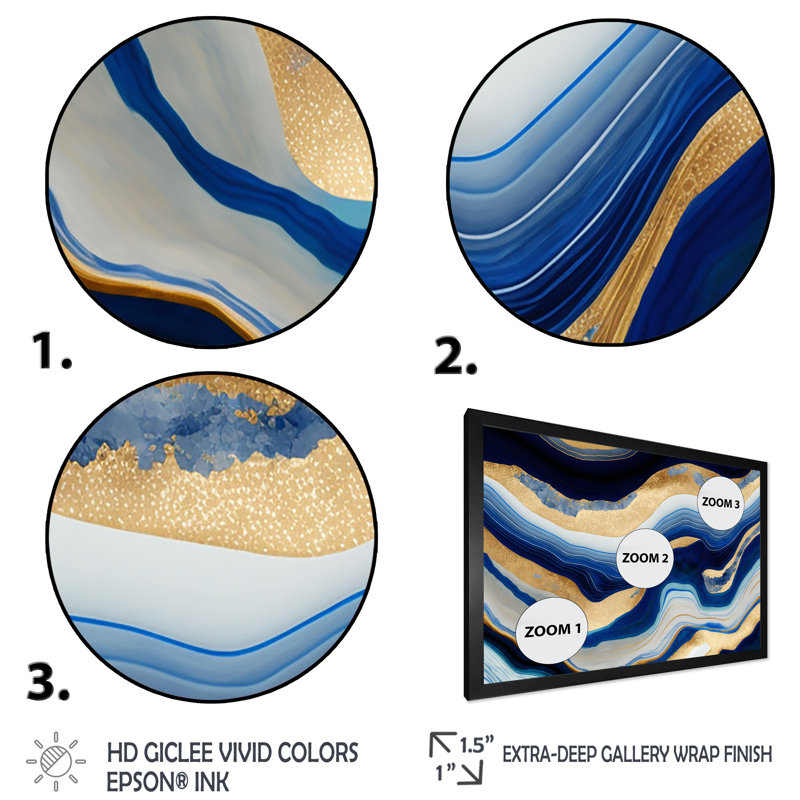 «Vibrant Blue and Gold Flow IV», impression sur toile, Impression noire sur toile encadrée, H 12 po x l 20 po x P 1 po