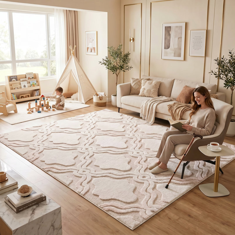 Washable Low Pile Area Rug 8X10 Ft - Non-Slip Modern Geometric Beige & Apricot, Rectangle 8' x 10'