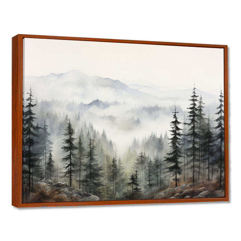 «Pine Misty Mountain II» sur toile, H 34 po x l 44 po, Reproduction avec cadre flottant, Brun