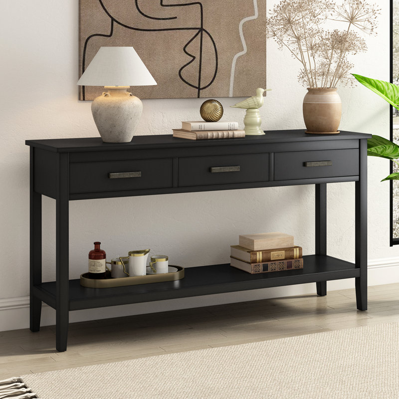 Console contemporaine à 3 tiroirs - Transformez votre vestibule en pin massif et noir, 1 tablette décorative, Noir