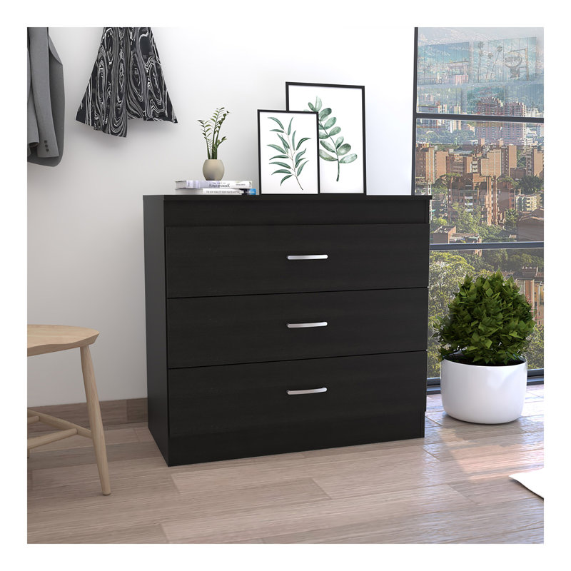 Commode à trois tiroirs, plateau supérieur, quincaillerie en métal, Noir