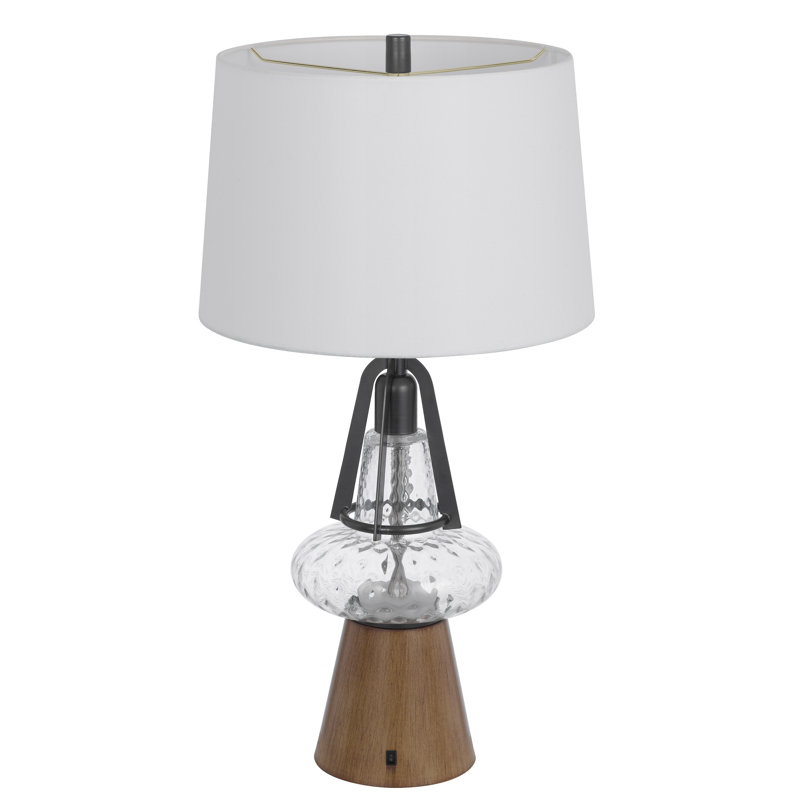 Leya Table Lamp, Lantern Style Glass Base, White Fabric Shade