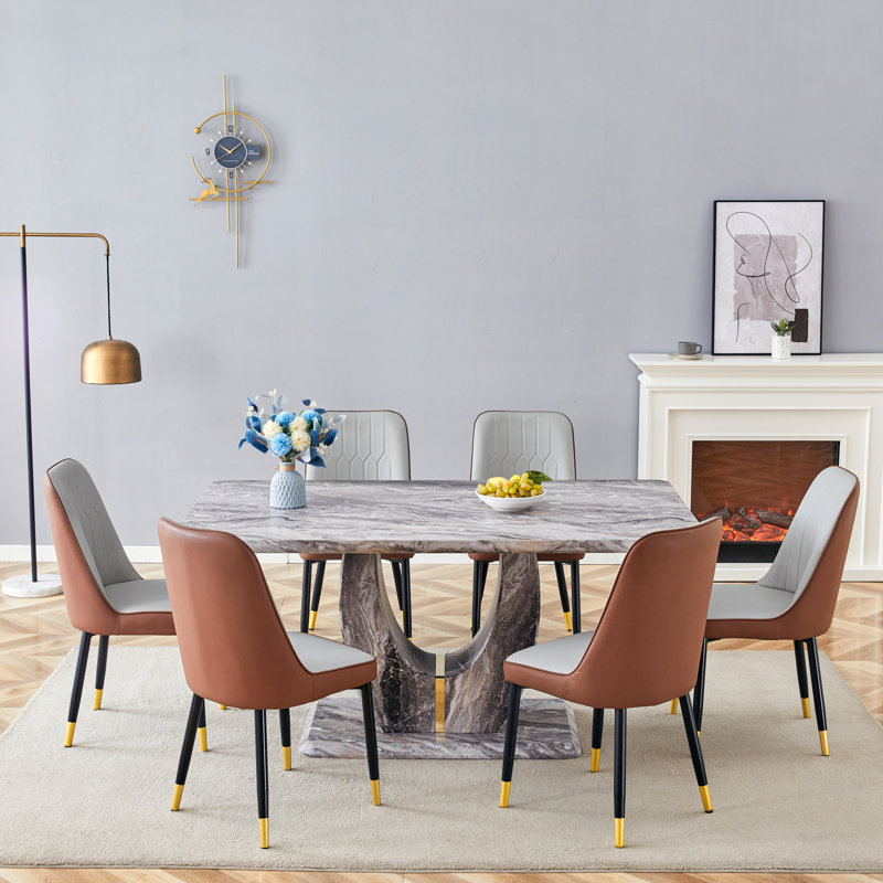 Ensemble de table de salle à manger 63 "gris moderne avec chaises en cuir de polyuréthane, base en panneau de fibres à densité moyenne en U