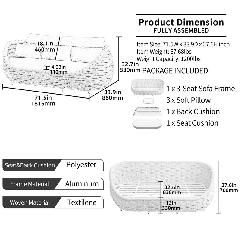 7 Person Outdoor Patio Hand-Woven Rope Powder-Coated Aluminum Sofa Indoor/Outdoor Conversation Set For Bistro Garden Balcony Porch Deck Backyard Cafe