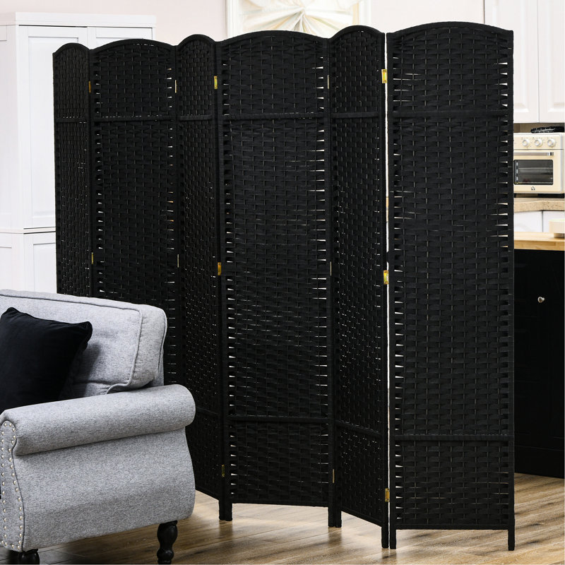 Cloison de séparation pliante 6 panneaux, écran d'intimité de 5,6 pi de hauteur. Noir pour la chambre à coucher et le bureau personnel. Mur autoportant avec glamour tissé à la main et paravent arqué, écran haut. Bureau, chambre à coucher. Cloison