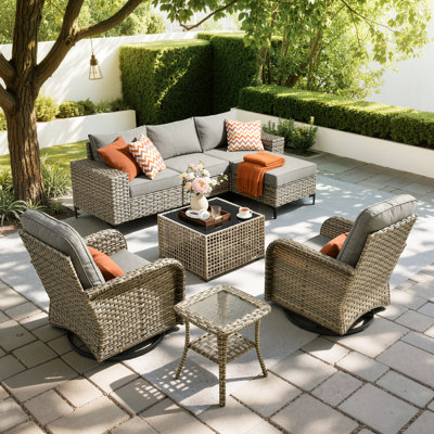 8-Piece Patio Conversation Set, Modular Outdoor Wicker Sectional With Wide Armrests And Coffee Table, Patio Sofa Set With Swivel Rocking Armchairs And Cushions