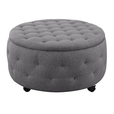 Dark Grey Round Storage With Reversible Tray And 4 Side Ottomans, Functioning As Footrest Or Extra Seats, Supports 250 Lbs, Made From Select Hardwoods, Reinforced Corners, 36 In Width, Depth, 19