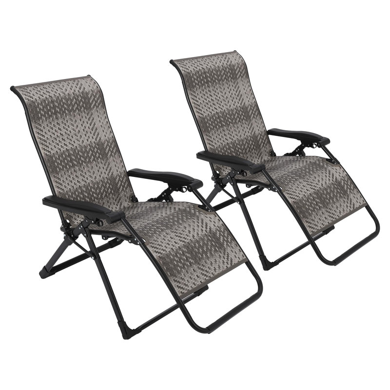 2 pcs 33 inch Gray Patio Rattan Folding Reclining Chair, Adjustable Portable Lounge Chair with Wide Armrests, Heavy Duty Wicker for Poolside, Balcony, Backyard & Garden