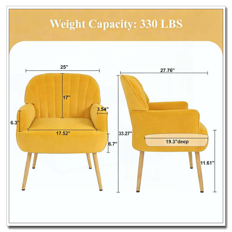 Fauteuil d'appoint en velours, chaises de salon rembourrées modernes, Jaune