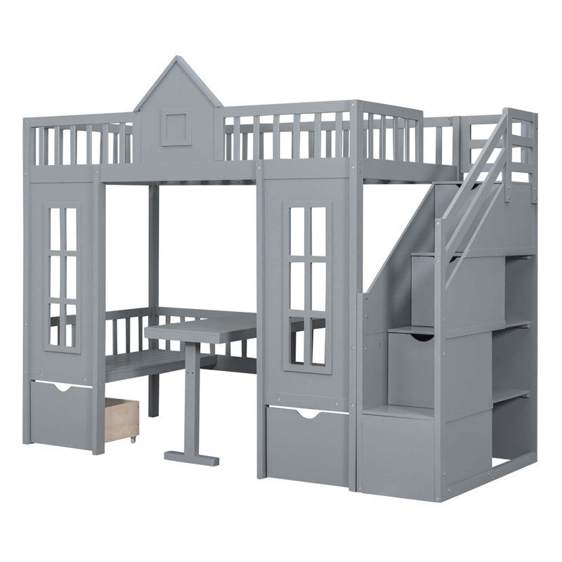 Bunk Bed With Changeable Table, Bunk Bed Turn Into Upper Bed And Down Desk, Grey, Twin